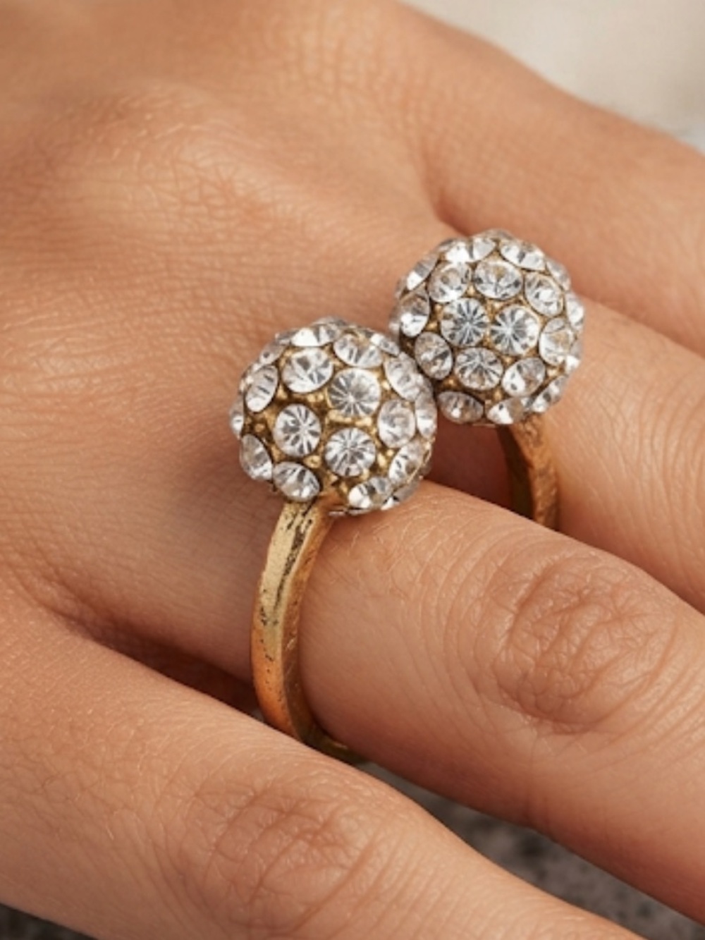 Gold-Tone Double Crystal Ball Ring - Clear Crystal Accent